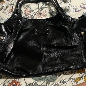 Kate Spade Shiny Black Leather Shoulder Bag with Red Interior